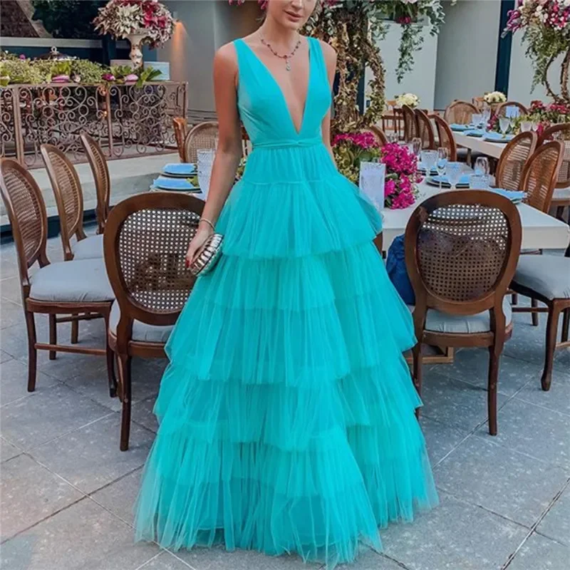 V-neck Layer Ruffles Long Mesh Female Sexy Evening Party Night Dress Women Pink White Blue Organza Elegant Puff Tiered Ball Gown