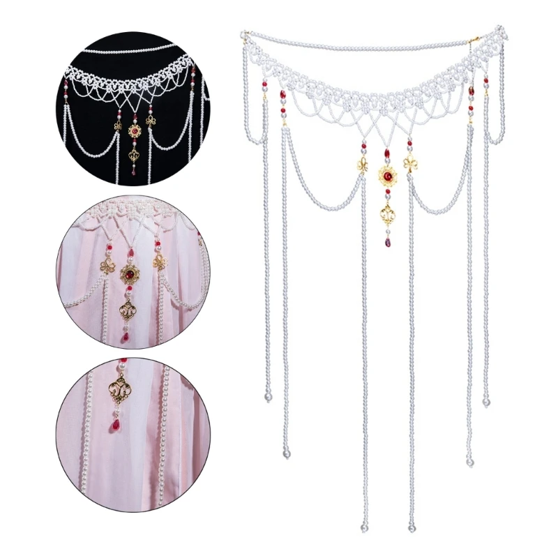 

Chinese Ancient Long Tassels Pearls Waist Chain Belt Dynasty Hanfu Dress Costumes Dunhuang Accessories Props