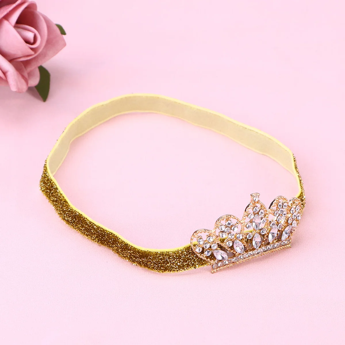 Baby Girls Rhinestone Crown Headband Lovely Elastic Hairband Headdress Hair Accessories (Golden Ribbon, Golden Crown) 4
