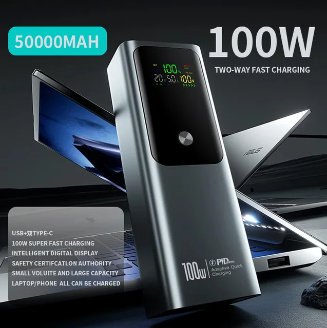 PD100W 100000mAh Large Capacity Power Bank bidirectional Fast Charging Digital Portable Powerbank Laptop Battery for Macbook
