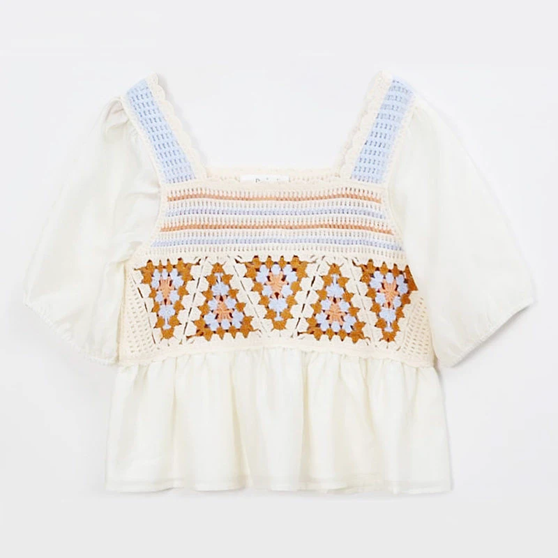 Women Crochet Blouse Granny Square Puff Sleeve Openwork Crop Tops Spring Summer 2026 Bohemian Vacation Cottagecore