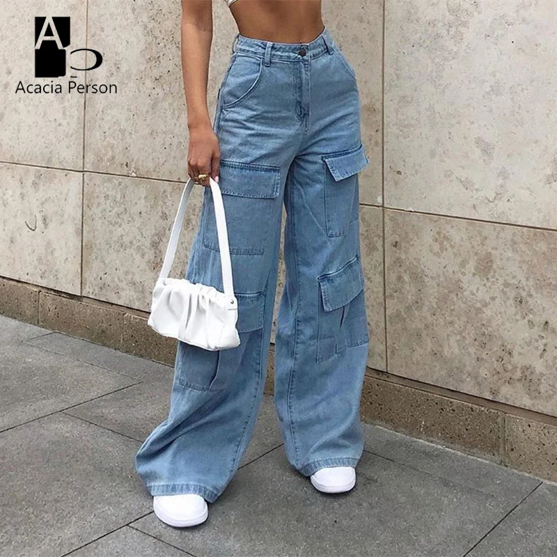 Pantalones Mom de pierna ancha para mujer, Vintage con Pantalón Cargo Bolsillo grande, ropa de calle informal estilo Boyfriend, estilo años 90| - AliExpress