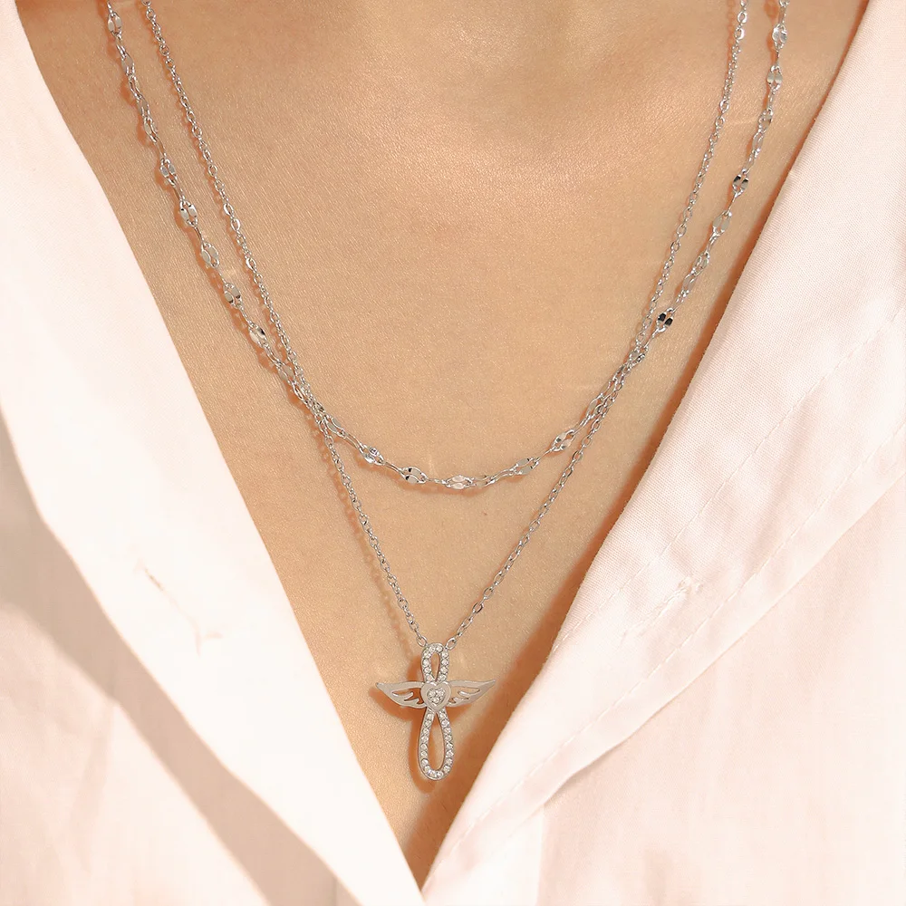 Luxuriöse Bling Cubic Zirconia Halsketten-Armbänder-Sets für Damen, Edelstahl Engelsflügel Anhänger Kette, modischer Charm-Schmuck. – Detail 3