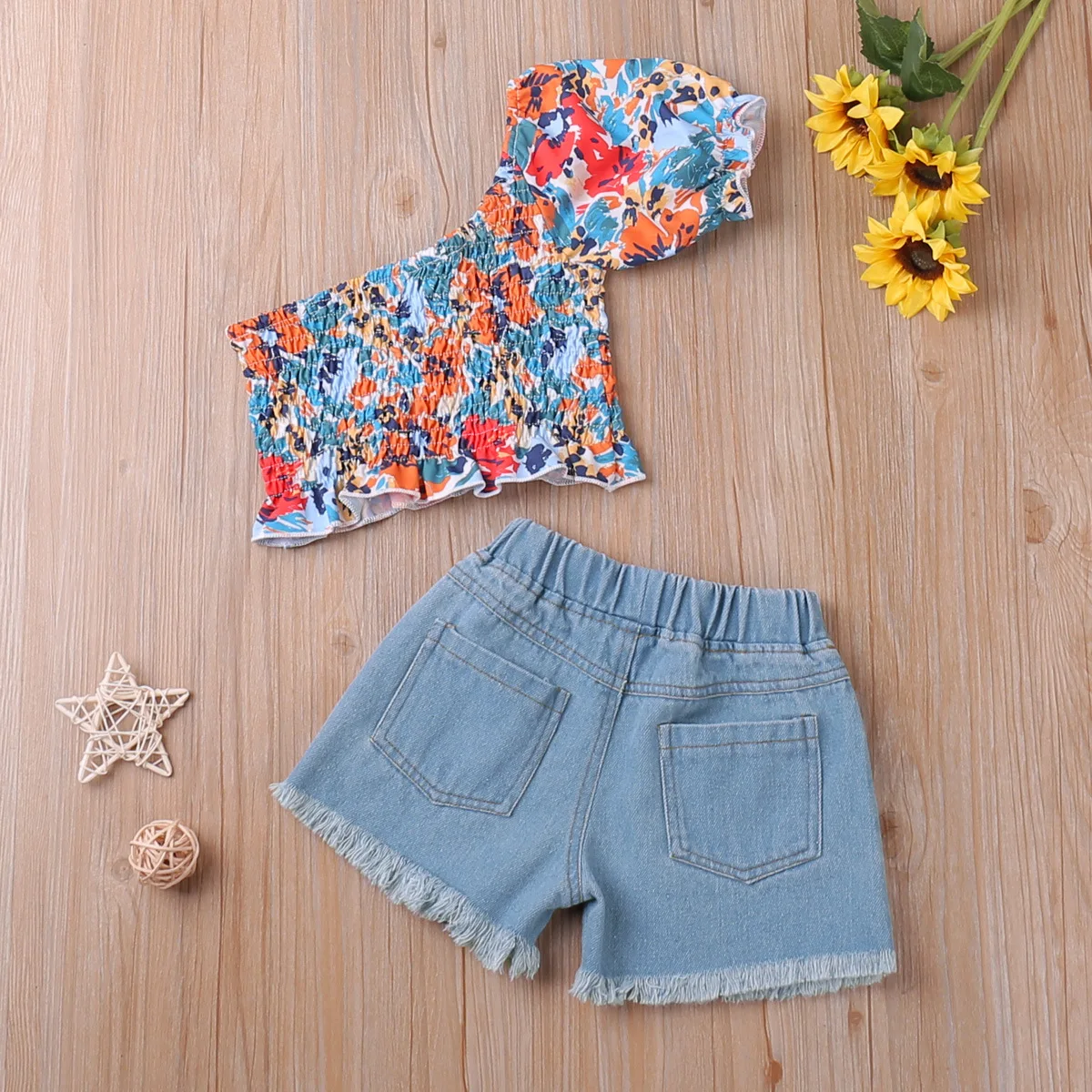 Girls Clothes Sets Summer Toddler Korea Style Flower Collar Striped T-Shirt+Denim Shorts 2 Pcs Kids Clothes