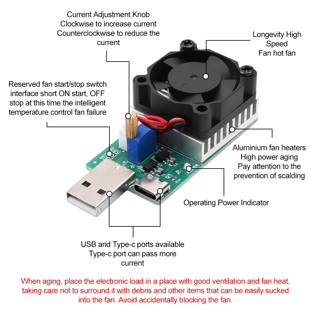 Resistance Tester 18W/22.5W 3.7V~13V Electronic Load Power Discharge USB/Type-C 0.15A~3A Adjustable Resistor Test Module with Cooling Fan