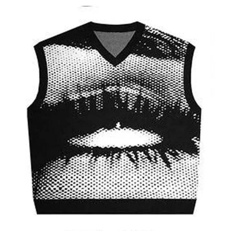 Aesthetic Knitted Tank Top Men 2023 Winter V-Neck Sleeveless Vest Goth Jacquard High Quality Y2K Knitwear Sweaters Women Clothes