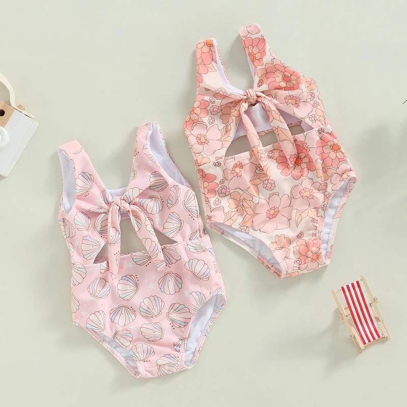 

Toddler Girls Summer Swimwear Sleeveless Floral/Shell Print Hollow Bathing Suit