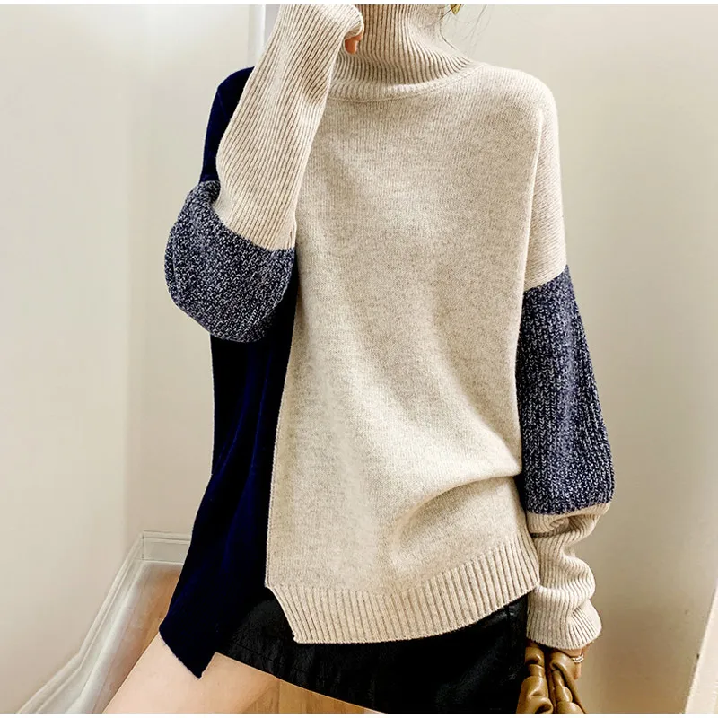 Women's Turtleneck Sweater Color Contrast 2021 Autumn Winter Warm Pullover Sweater For Women Loose Soft Knitted Sweaters Female black sweater