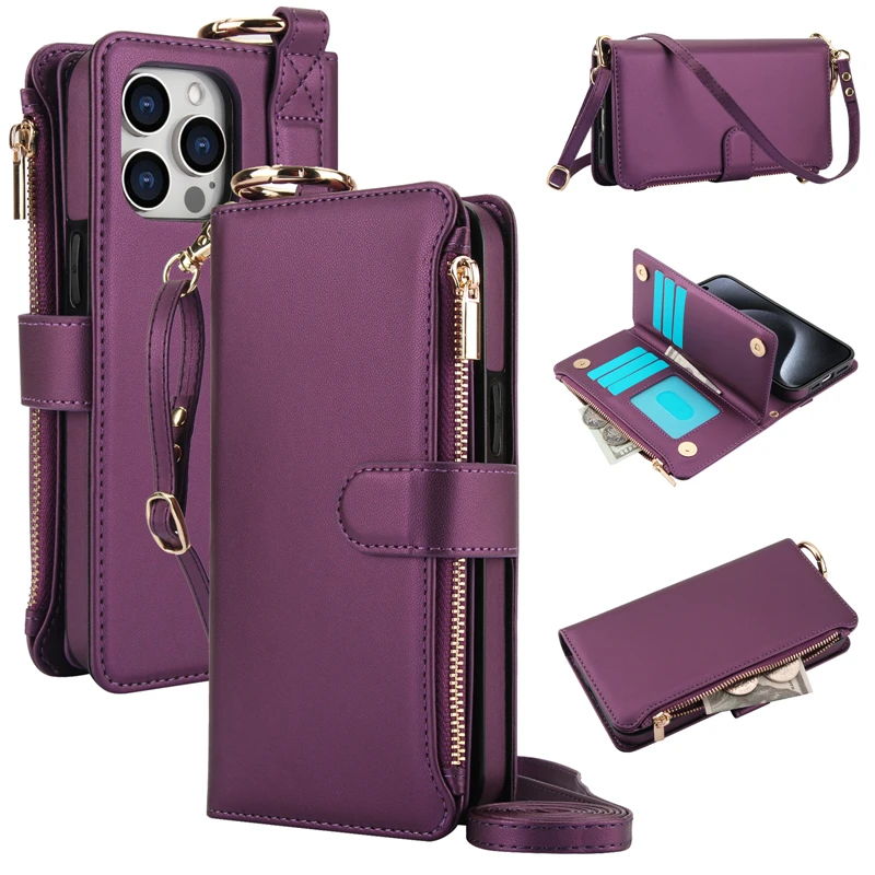 Premium Zipper Wallet Phone Case with Multifunction Card Holder and Flip Cover Strap