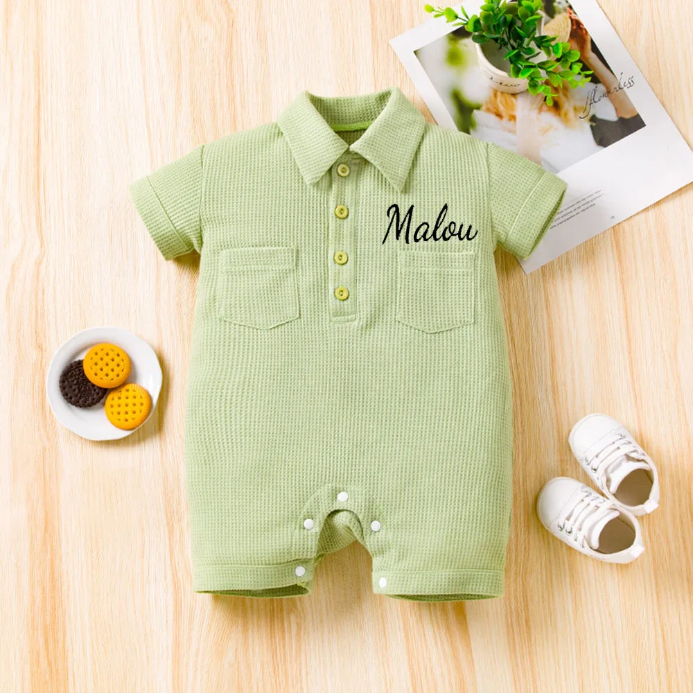 

Name Custom Summer Boys And Girls Baby Short Sleeved Jumpsuit Embroidered Lapel Small Pocket Western Harper Gift Pack