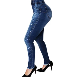 Lápis empurrar para cima calças femininas cintura alta estiramento denim jeans moda feminina calças de brim magro azul retro pérola frisado calças magras
