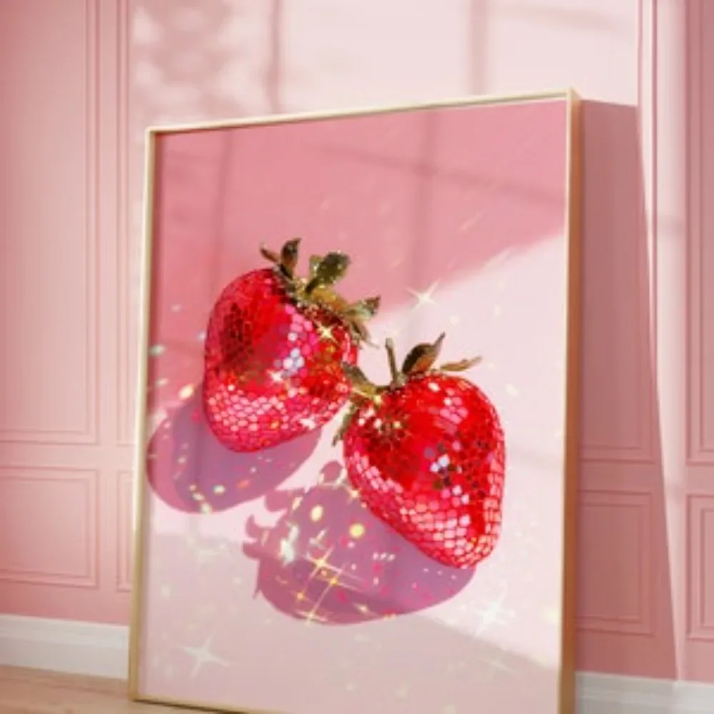 Pink Disco Strawberry Art - Fashionable Frameless Canvas Wall Decor Poster