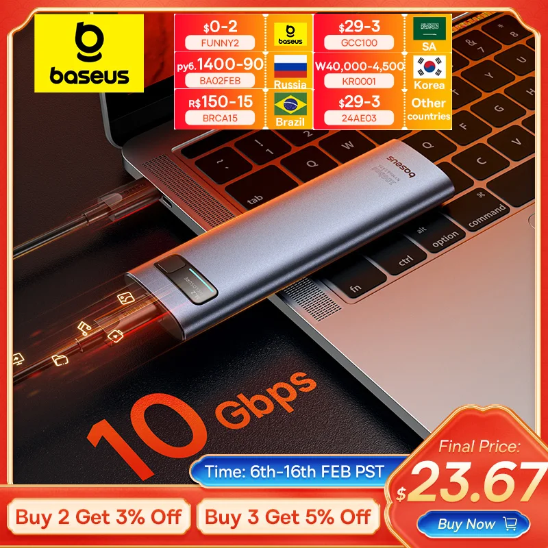 Baseus M2 Ssd Case Nvme Sata Dual Protocol M.2 A Usb Type C 3.2 Gen 2 Ssd Portatile Sata Nvme Enclosure Custodia Esterna Per Pc