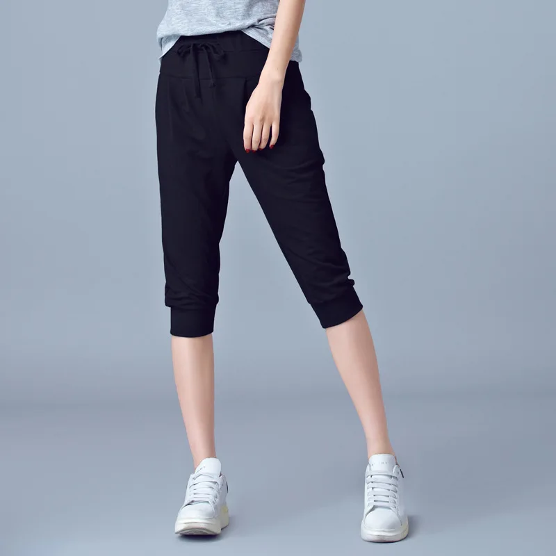 Women Blue High-waisted Stretch Cropped Pants, Summer Gray Lightweight Athletic Harem Pants, Black Drawstring Shorts. 6