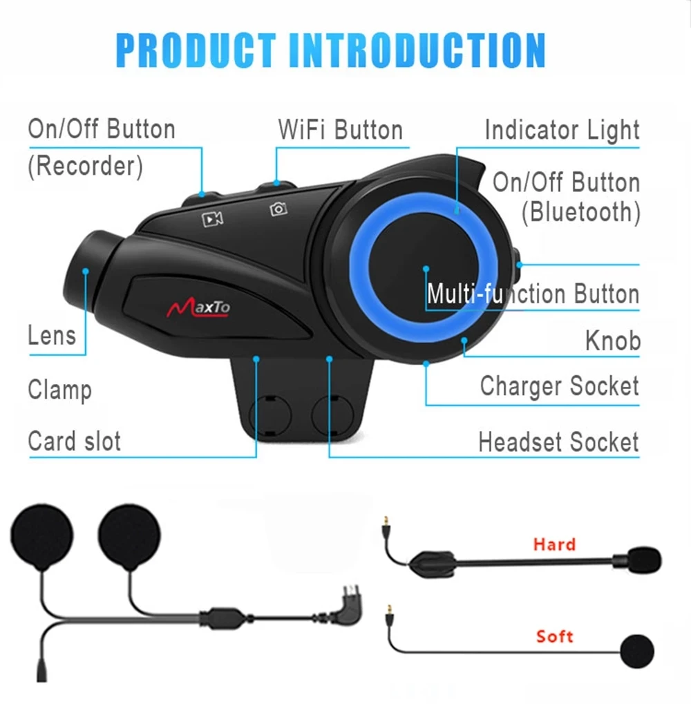 MAXTO M3S Motorcycle Camera Video Recorder 2k 1440P Helmet Intercom Group 6 Riders Bluetooth Wifi M3 DVR Dash Cam 64G Card Gift