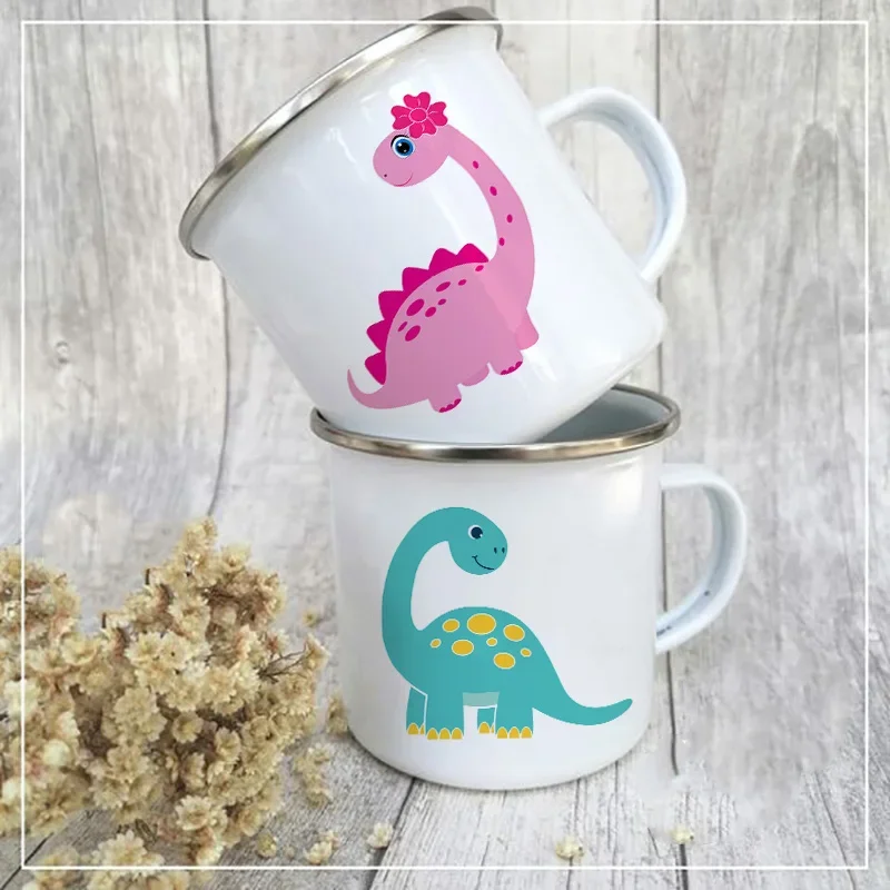 

Cute Dinosaur Print Creative Kawaii Kids Water Sibling Cups Drink Breakfast Milk Cup Enamel Mugs Handle Drinkware Birthday Gifts