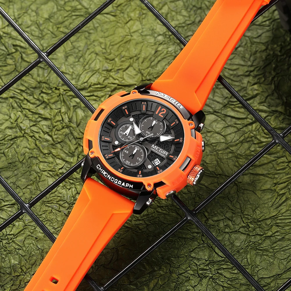 Men's Orange Silicone Strap Chronograph Watch with Luminous Hands and Date Feature