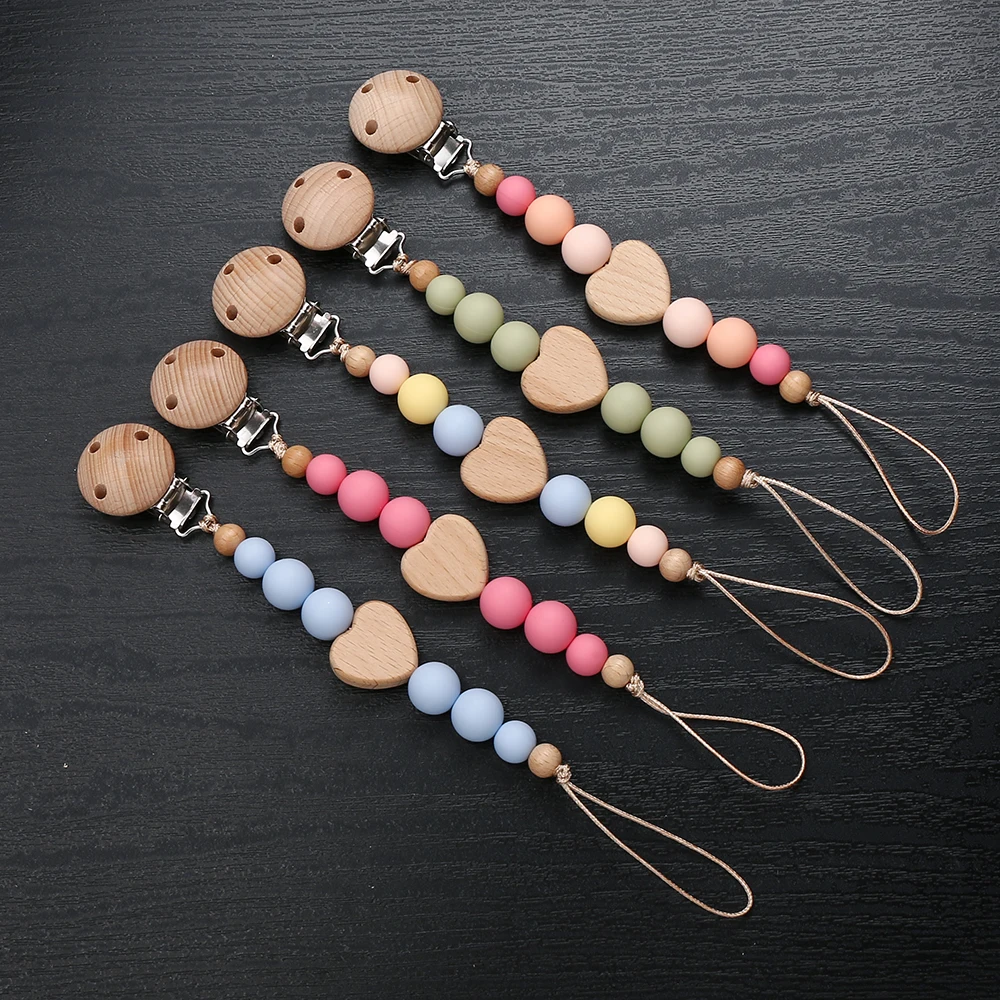 Beech Wooden Heart Beads Baby Pacifier Chain Clip Silicone Beads Dummy Nipple Holder Teether Pendant for Newborn Toys Gift