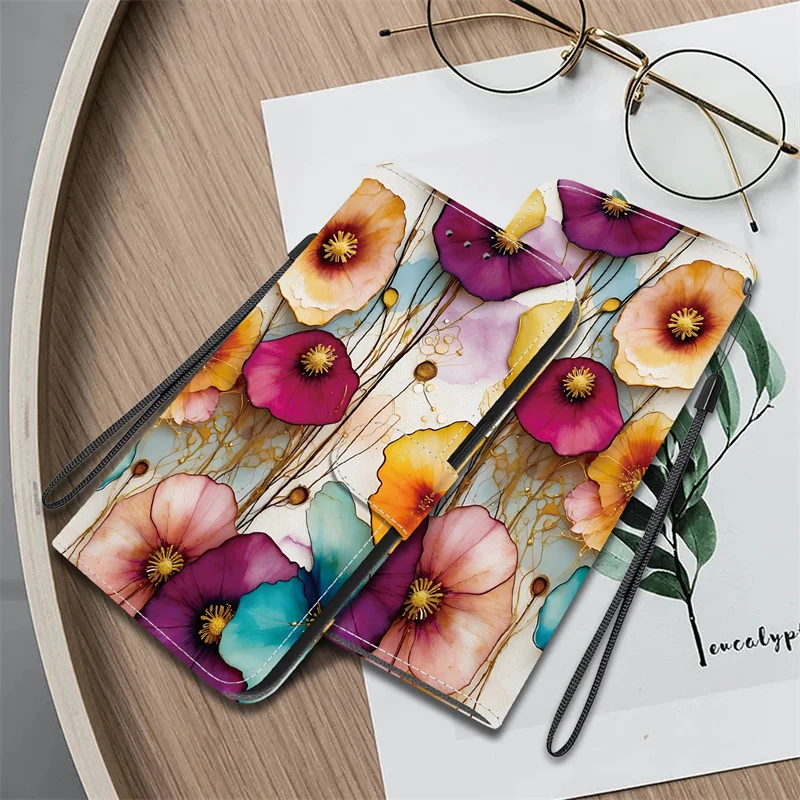 Retro Flower Wallet Stand Back Cover Case with Strap