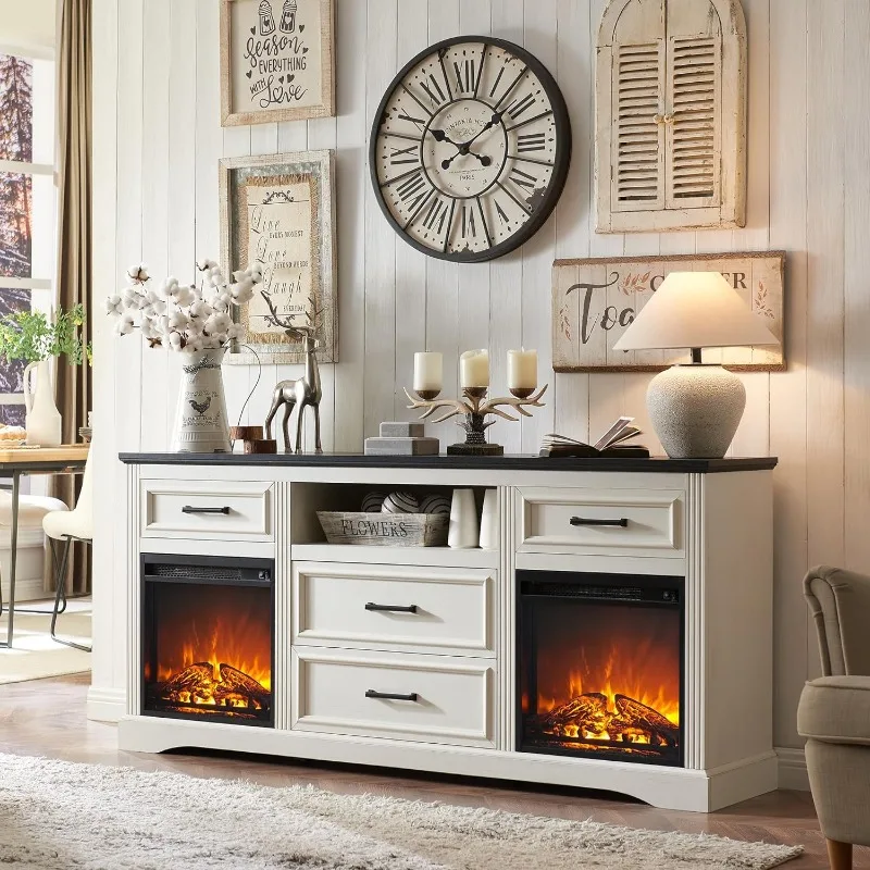 

Farmhouse Double Fireplaces TV Stand for TVs Up to 80 inches, Rustic Entertainment Center with 4 Large Drawers, 70 inches