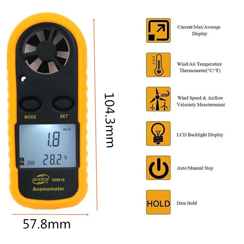 Digital Anemometer GM816 Wind Speed Mini Air Velocity Airflow Temperature with LCD Backlight