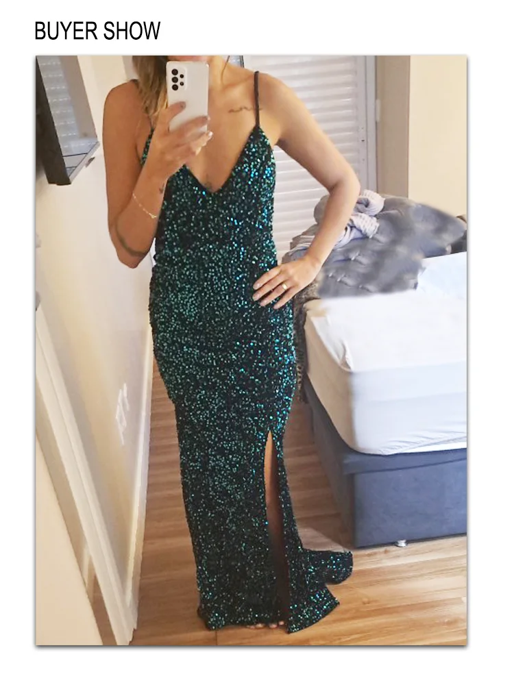 Romagic Royal Blue Sequin Backless Slip Mermaid Party Dresses Long V Neck Velvet Stretch Sleeveless Luxury Cocktail Prom Dress