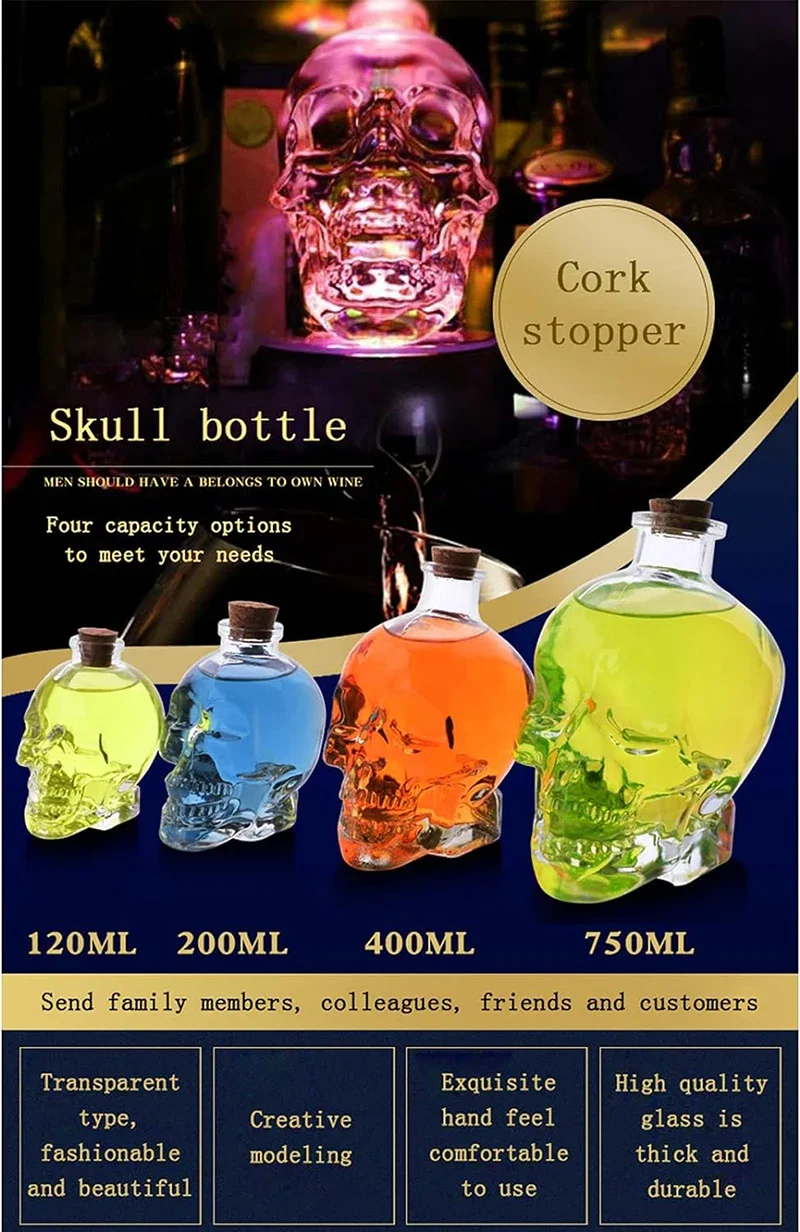 Skull Mason Jar for Vodka Skull Decanter Lead-Free Glass Crystal 3D Bottle with Cork Stopper whiskey decanter set wine aerator decanter