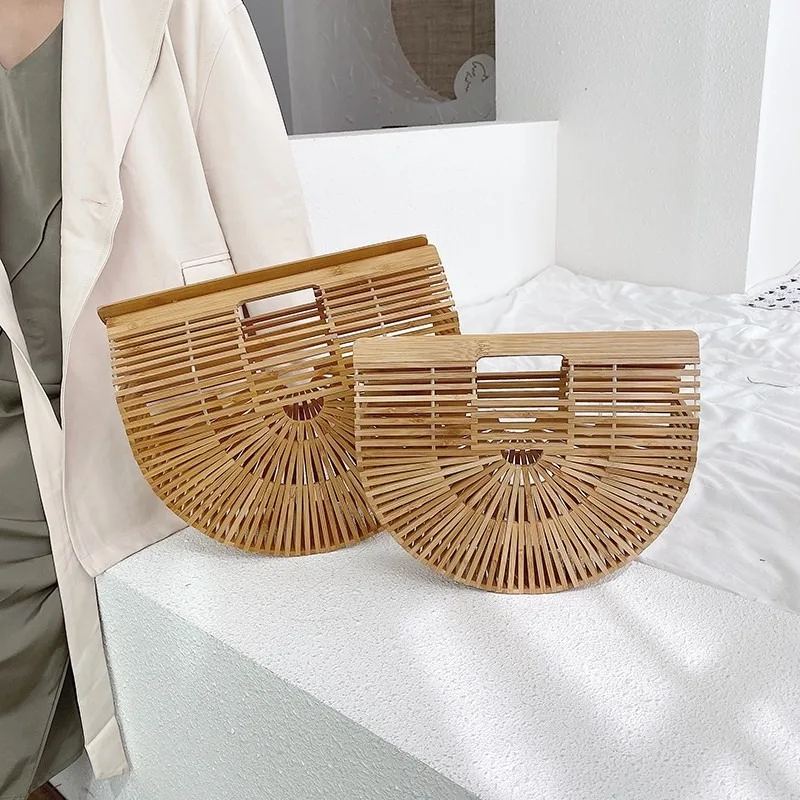 Semicircle Women Bamboo Bags Summer Fashion Luxury Handbag Hollow Bohemia Beach Bags Elegant Ladies Cosmetic Storage Basket 5