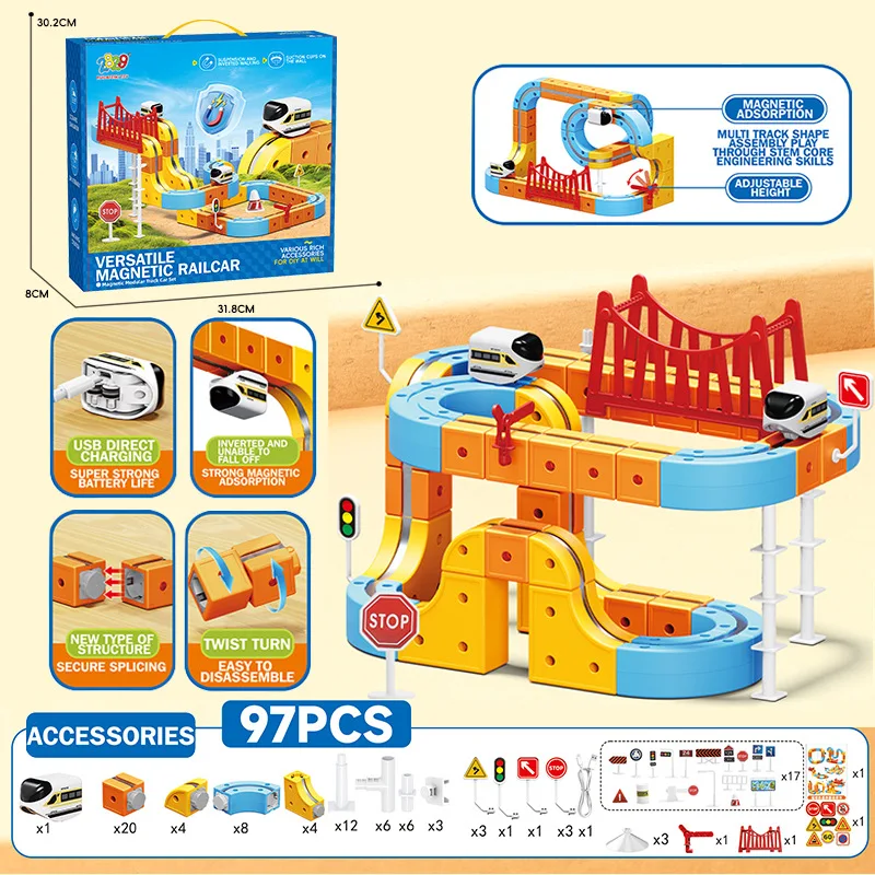 97 Parça Çok Yönlü Sihirli Ttrack Yapı Taşları USB Şarjlı 3D Küp Yapı Taşı Pisti STEM Eğitici Oyuncak Mükemmel