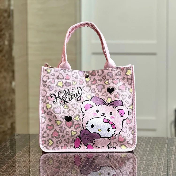 HelloKitty Tote Bag for Woman Girl Cartoon Cute Drag KT Leopard Print Leather Aesthetic Bag Handbag Large Capacity Shoulder Bag