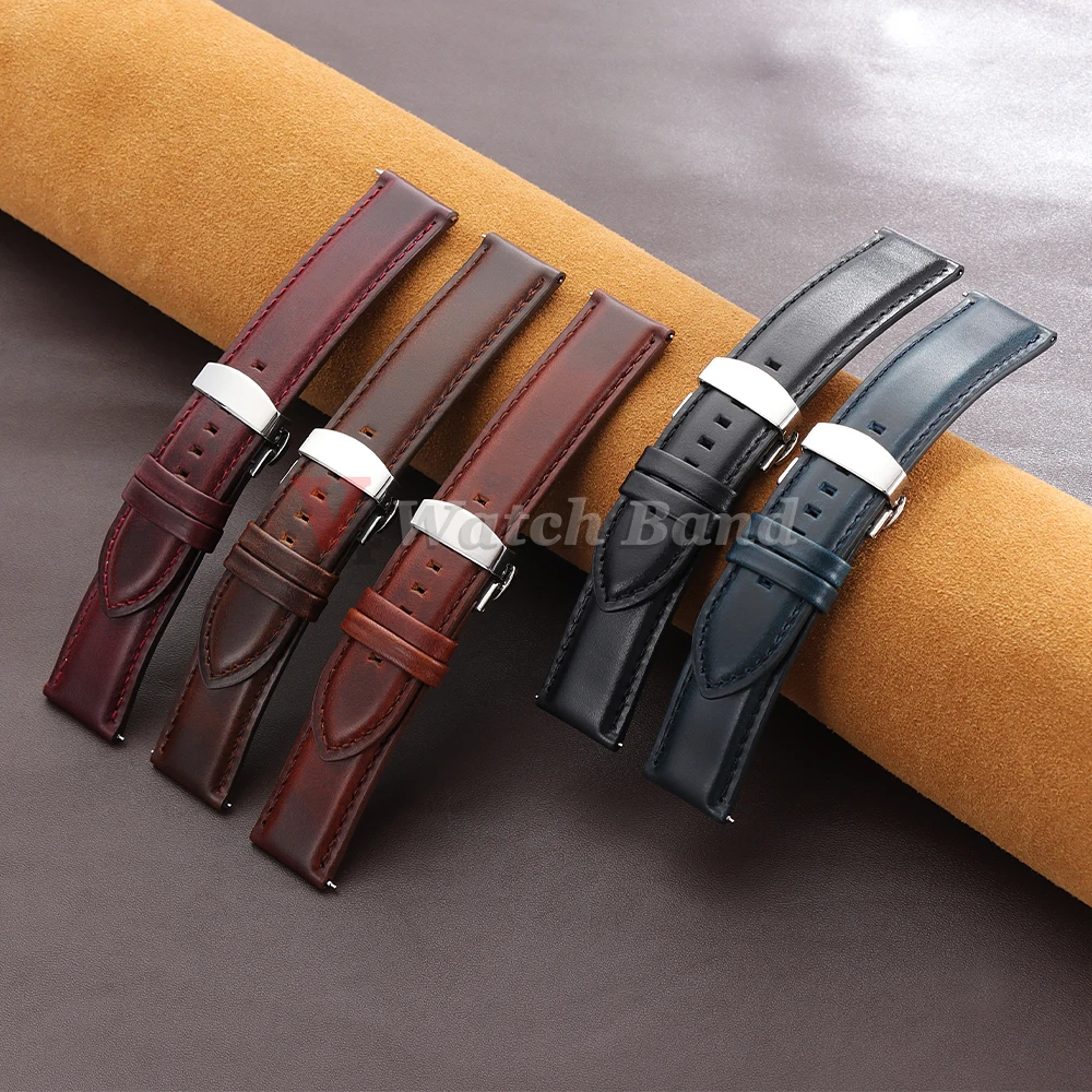 Luxurious Dark Brown Calfskin Leather Watchband with Butterfly Buckle