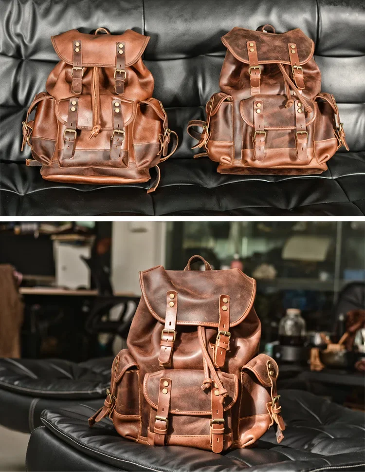 The New Genuine Leather Men Backpack  Outdoor Casual School Bag Large Capacity Backpack Genuine Leather Mountaineering Bag 6
