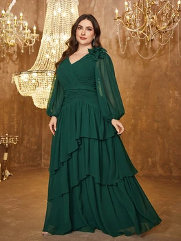 UNITHORSE Plus Women's Sweetheart Neckline Long Sleeve Chiffon Evening Dress