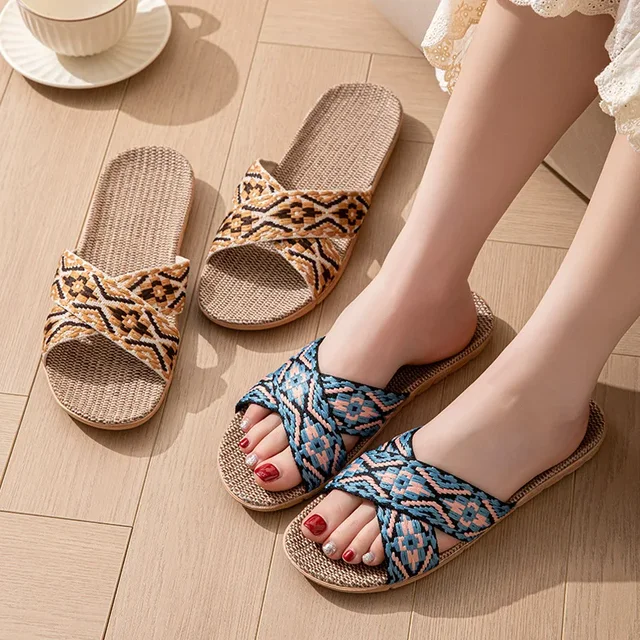 Open-Toe Crossed Linen Slippers for Couples Indoor Use - Image 2