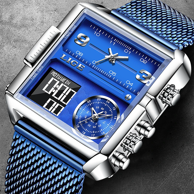 

New LIGE Casual Sport Men Watch Luxury Dual Display Waterproof Military Chrono Alarm Clock Quartz Wristwatches Relogio Masculino