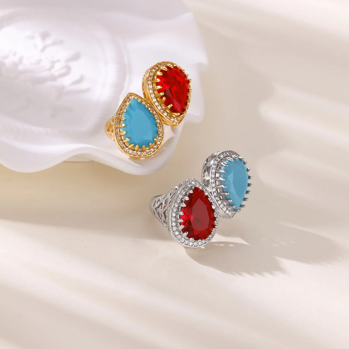 Red&Blue Zirconia Waterdrop Rings for Women