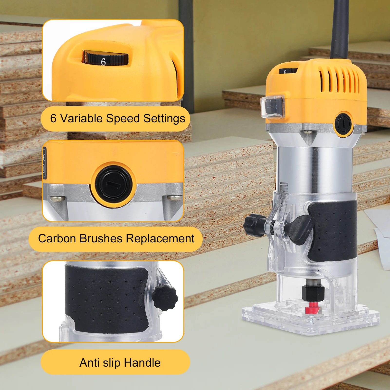 Wood Router 800W Wood Trimmer 30000r/min 6 Variable Speed with 15pcs Milling Cutter Accurate Cutting for Woodworking Trimming