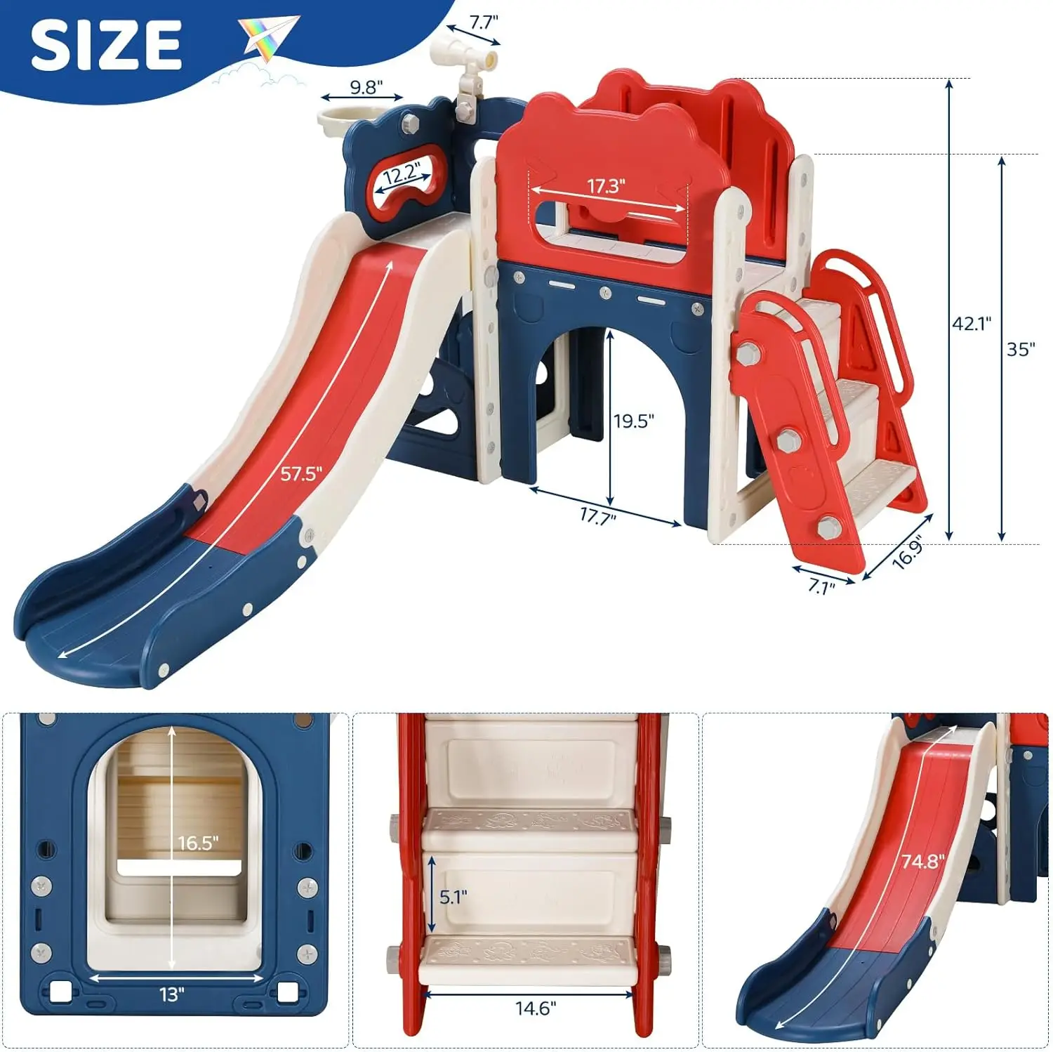 8-in-1 Large Toddler Slide, L-Shaped Kids Slide Long Slope, Baby Climber Slide Playset Enclosed Steps,Telescope,Basketball Hoop 4