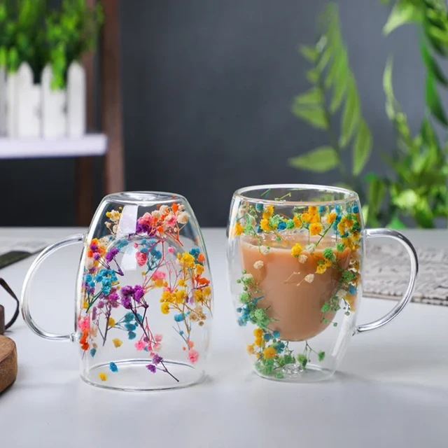 Double Wall Glass Heat Resistant Tea Coffee Cups Dry Flowers