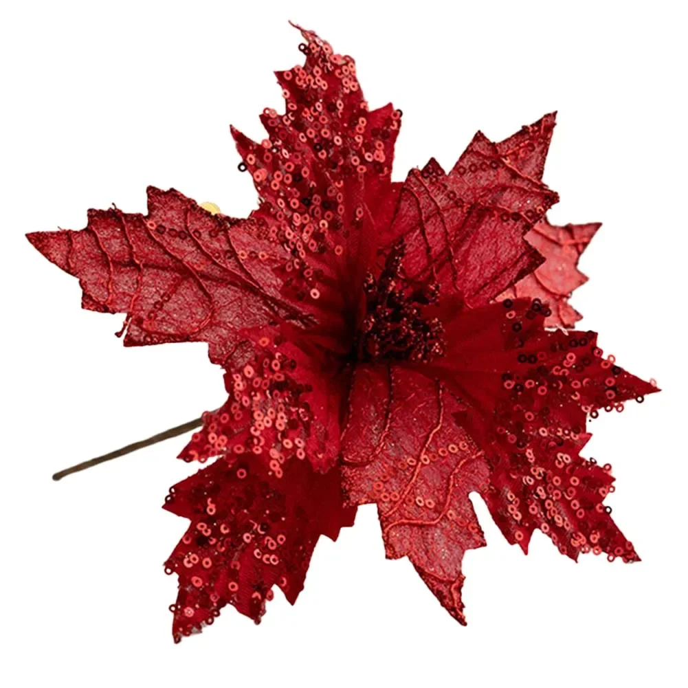 thumbnail image 1 of Flor de Pascua navideña con purpurina, árbol de Navidad, flores rojas, blancas, rosas y verdes, cabeza de flor colgante, decoración navideña de Año Nuevo, 1 of 5