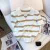 New Striped Pattern Collared Sweater Versatile Short Sleeve Knitted Top For Spring & Summer Women's Clothing Crop Top 4
