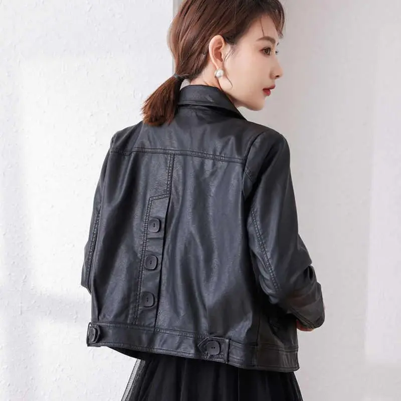 Short Leather Jacket Women 2023 New Autumn Top Leather Jacket Pockets Chic Vintage New Outerwears Jaqueta De Couro Feminina