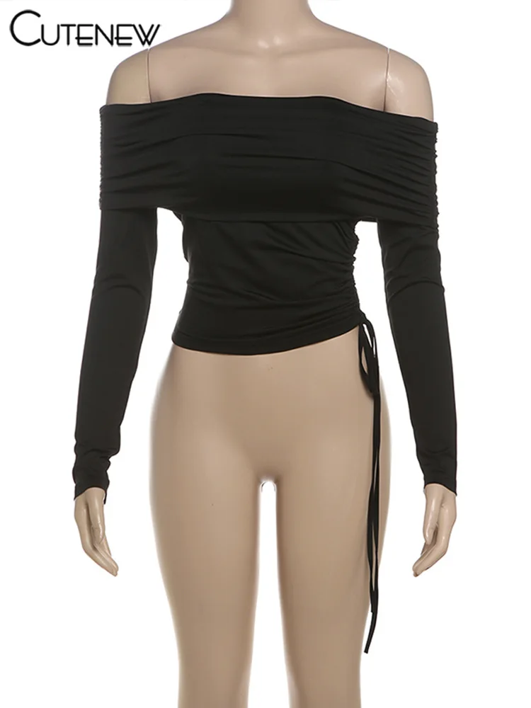 Camisetas con hombros descubiertos para mujer, camisetas clásicas lisas de otoño de manga larga, ajustadas y ajustadas, camisetas urbanas sencillas y salvajes para mujer