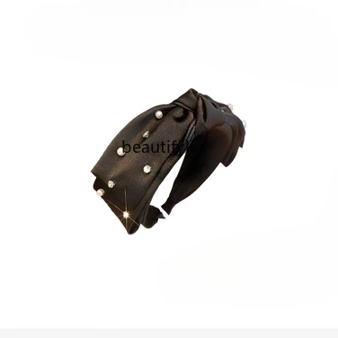 

French Style High-Grade Pearl Bow Headband Wide Brim Hair Pressing Headband Classic Black Hairpin