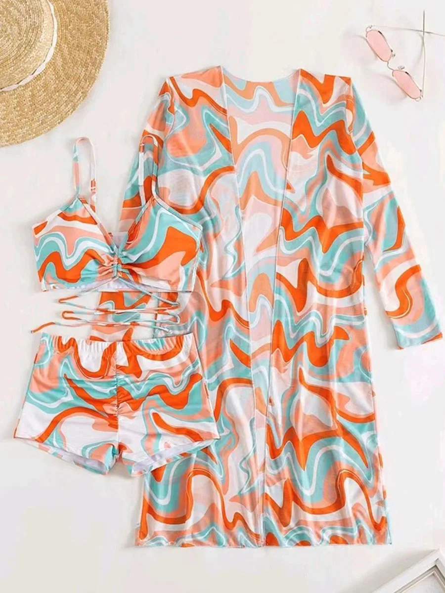 Tropical High Waist Bikinis 2023 Sexy 3Piece Bikini Set Cover Up Swimsuit for Women Long Sleeve Swimwear Beach Wear Bathing Suit