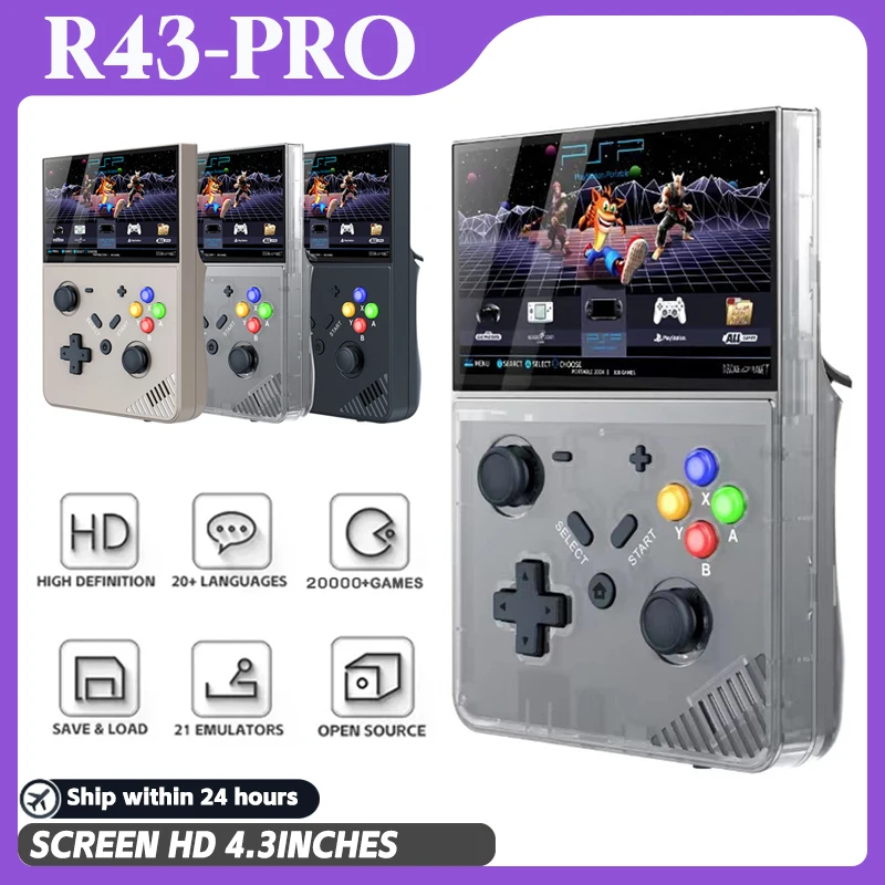 R43 Pro Handheld Video Game Console Retro LED HD 4.3-inch Screen Original 3D 20000+Games 4K Large PSP PS1 Built in 25 Simulators