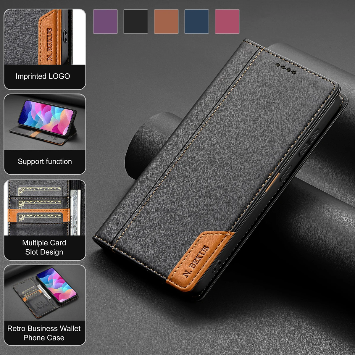 Elegant Wallet Flip Leather Case with Double Hem Stitching and Multiple Card Slots