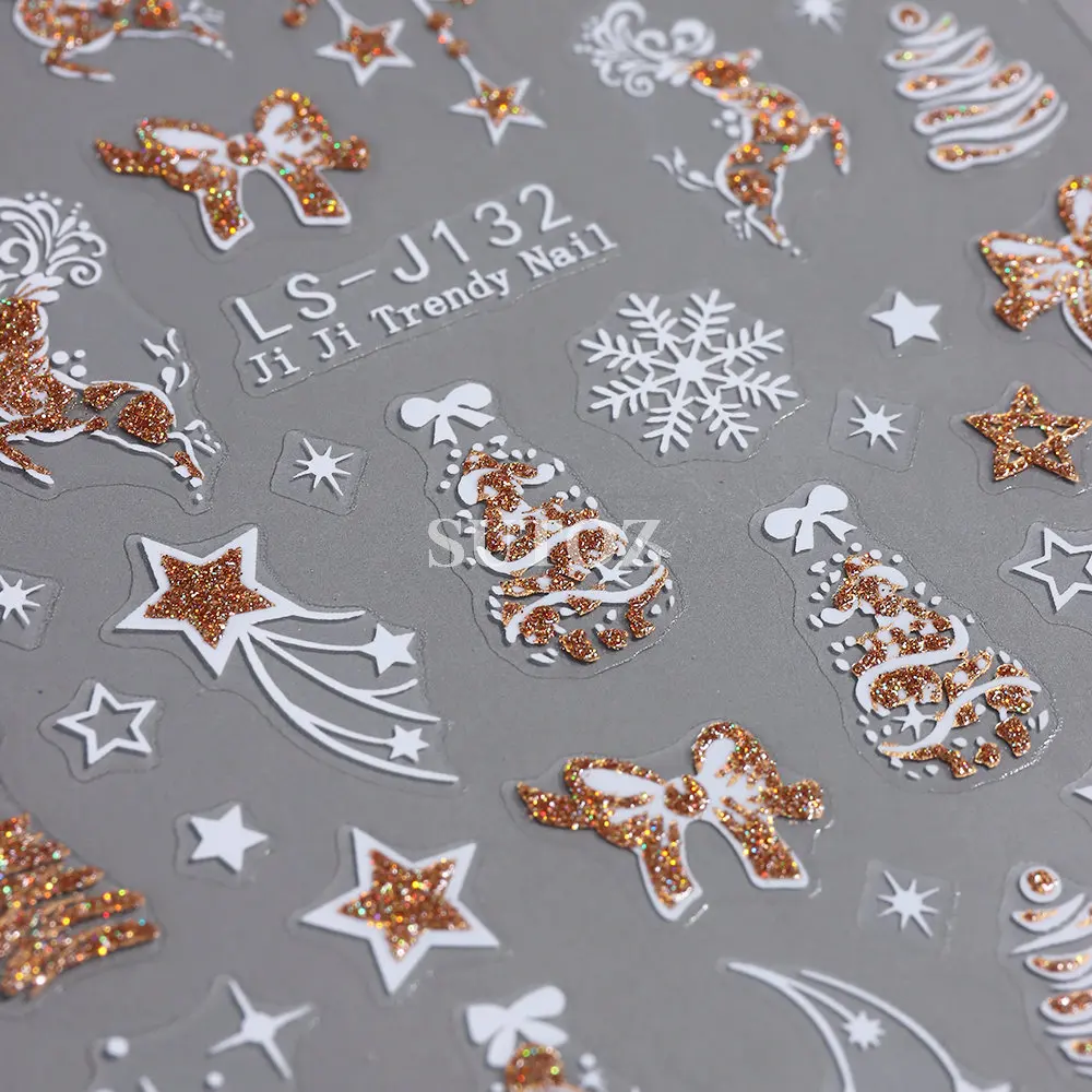 Glitter Christmas Tree Nail Stickers Gold Star Cartoon Deer Decals Snowflake Bow Nail Sliders New Year Manicure Decors LEBLS-J32