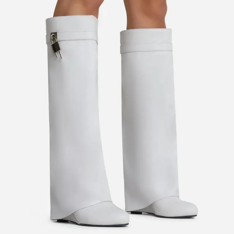 2024 Design Shark Lock Women Boots Wide-calf Wedge Heel 10.5 Knee High Boot Motorcycle Genuine Leather White Red Boots Shoes