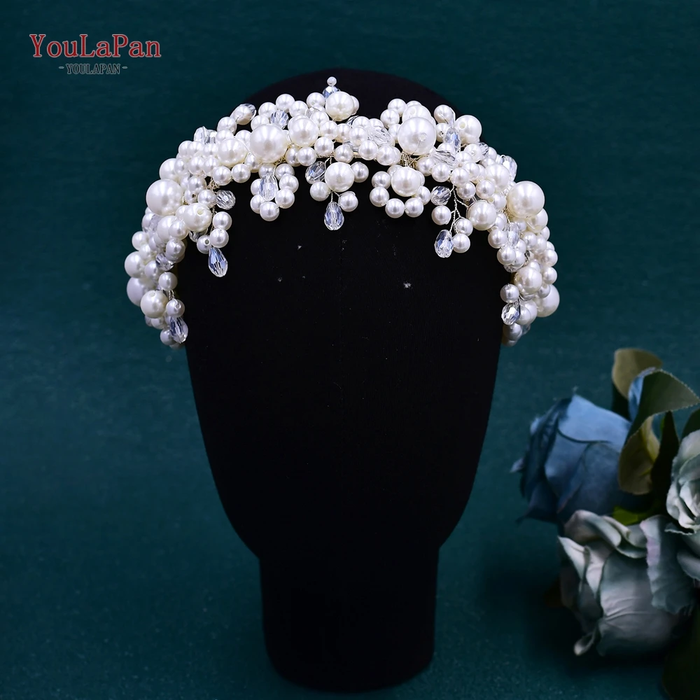 TOPQUEEN Bride Fashion White Faux Pearl Hair Hoop Wedding Crystal Headbands Bridal Headwear Hair Accessories For Party HP674